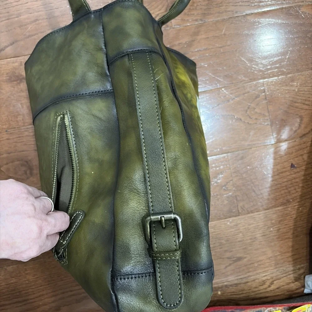 LRTO Leather Tote Bag Hand Painted Dalmatian Dog Olive Green Large Art Bag‎